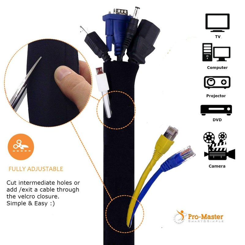 ProMaster Premium 63'' Cable Management Sleeve, Best Cords Organizer for TV On Wall, Desk, Computer, Office, Home - DIY Adjustable Reversible Black and White Neoprene Cord Hider Wire Cover Concealer Wrap - Image 4